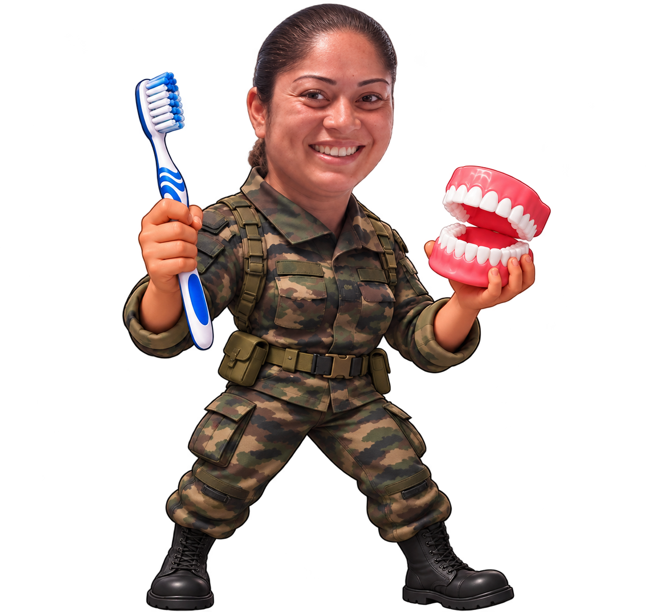 Carly en militaire avec sa brosse à dents et son dentier